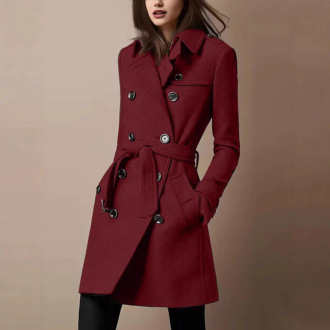 Women’s Coat – Slim Fit – Wool Feel – Double-Breasted – Belted Waist – Mid-Thigh Length