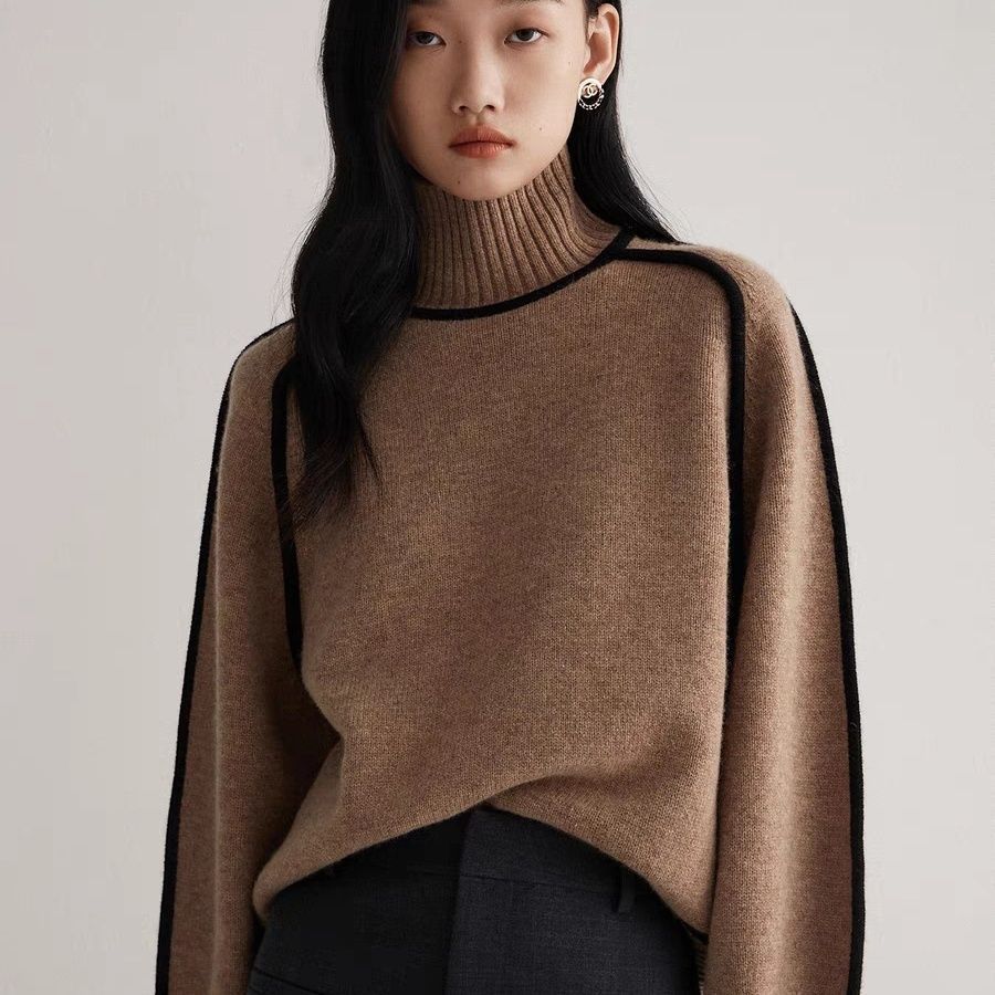 Women’s Turtleneck Top – Relaxed Fit – Soft Knit – Ribbed Trim – Contrast Piping
