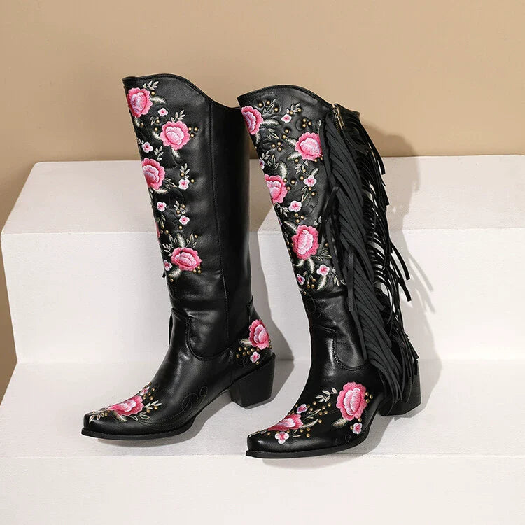 Women’s Knee-High Boots – Floral Embroidery – Fringe Tassels – Block Heel – Studded Trim