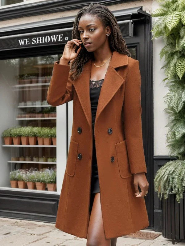 Women’s Coat – Tailored Fit – Wool Blend – Double-Breasted – Notched Lapel – Midi Length