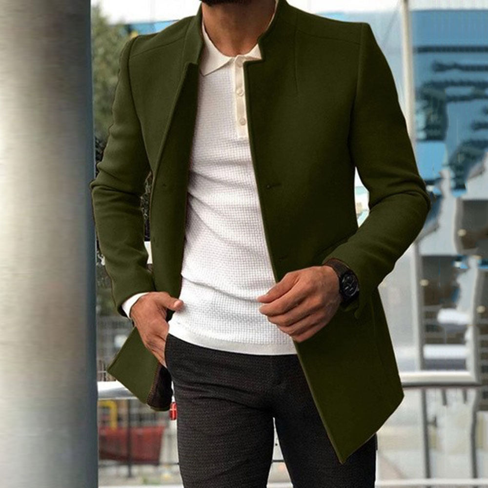 Men’s Overcoat – Slim Fit – Wool Blend – Standing Collar – Concealed Placket