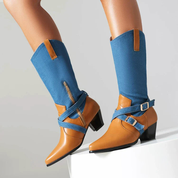 Women’s Mid-Calf Boots – Pointed Toe – Block Heel – Two-Tone – Zipper and Buckle