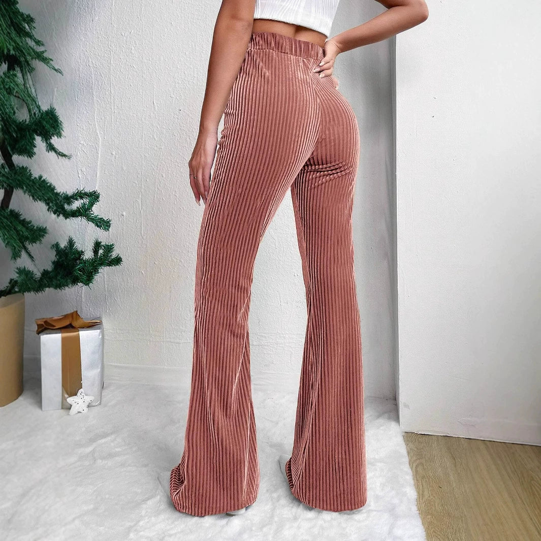 Women’s Flared Pants – High Waist Pull-On Fit – Ribbed Texture – Wide Leg Full Length