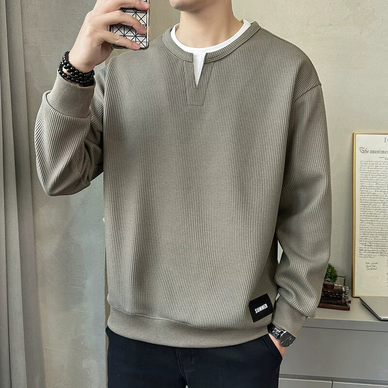 Men’s Sweatshirt – Relaxed Fit – Waffle Knit – Layered V-Notch Collar – Ribbed Trim