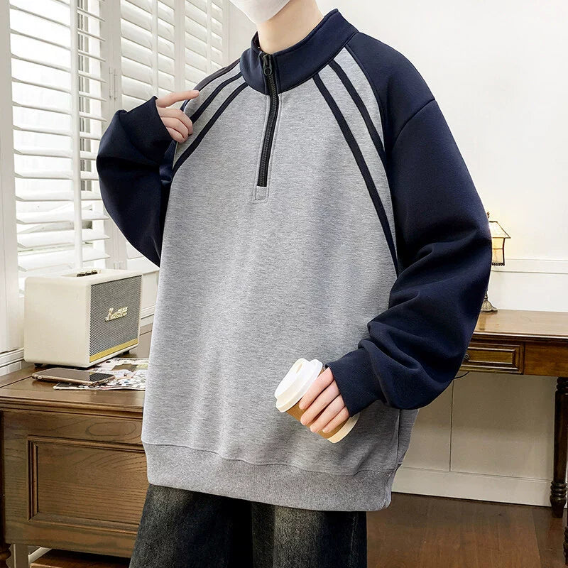 Men’s Sweatshirt – Oversized Relaxed Fit – Half Zip Collar – Contrast Sleeves – Cotton Blend