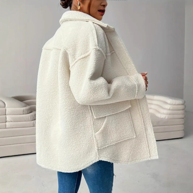 Women’s Coat – Oversized Fit – Plush Teddy Fleece – Lapel Collar – Patch Pockets