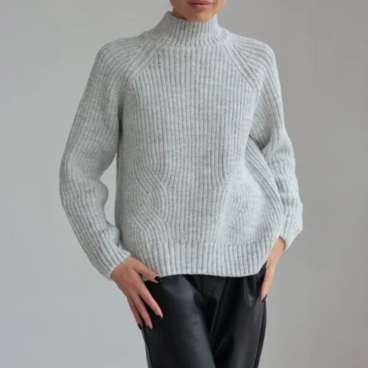 Women’s Knit Sweater – Wool Blend – Loose Fit – Mock Neck – Raglan Sleeve – Ribbed