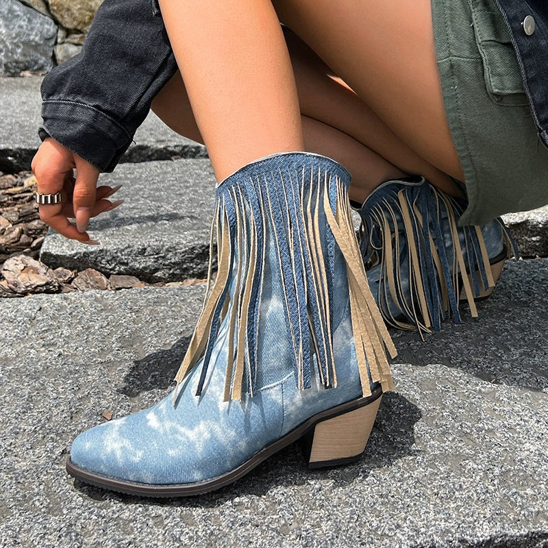 Women’s Ankle Boots – Pointed Toe – Block Heel – Fringe Detail – Slip On – Calf Height