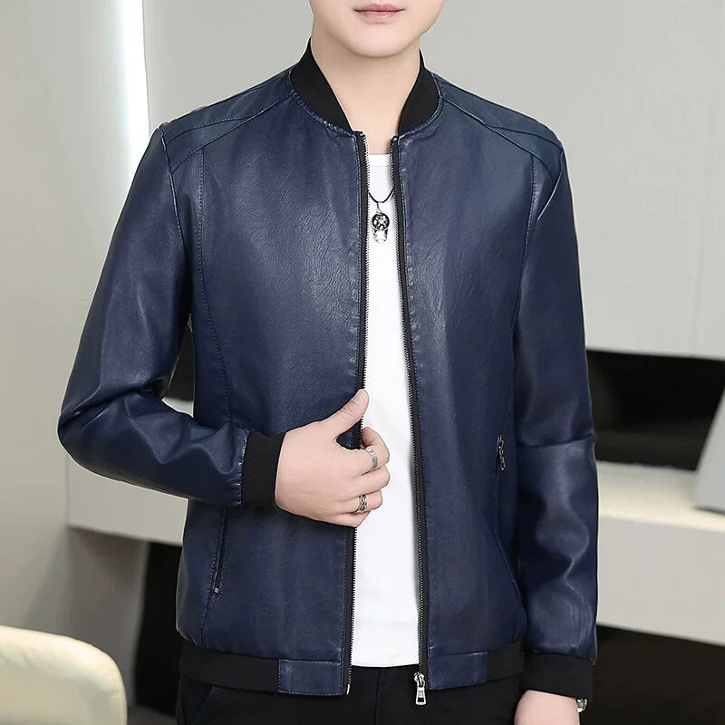 Men’s Bomber Jacket – Slim Fit – Faux Leather – Full Zip – Ribbed Collar and Cuffs