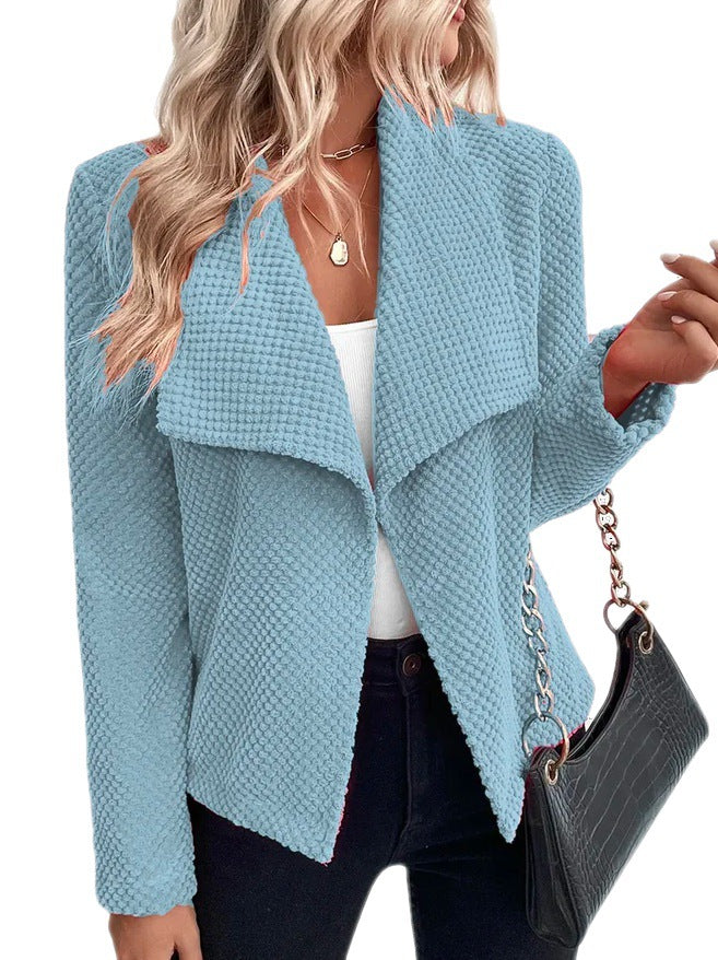 Women’s Jacket – Relaxed Fit – Waffle Knit – Open Front Waterfall Lapel – Long Sleeve