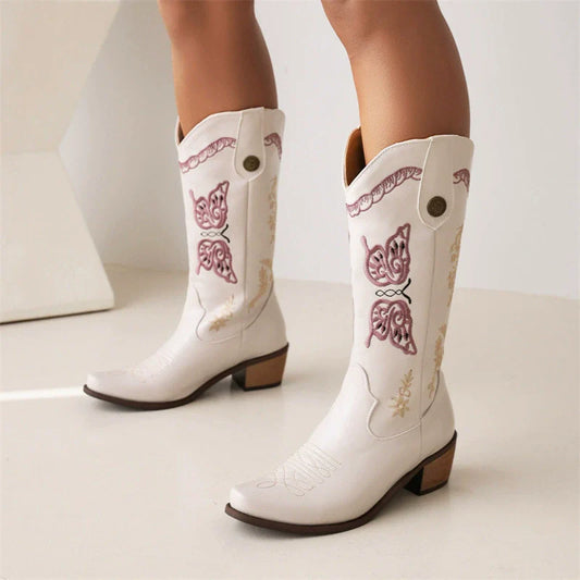 Women’s Western Boots – Mid-Calf Height – Embroidered Floral Detail – Pull-On Style – Block Heel