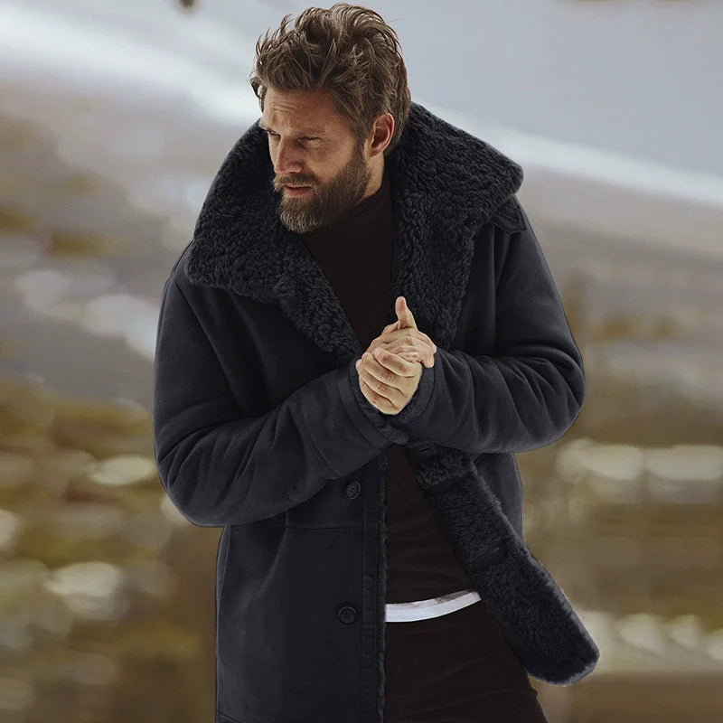 Men’s Overcoat – Relaxed Fit – Wool Blend – Shearling Collar – Button Front – Mid-Thigh