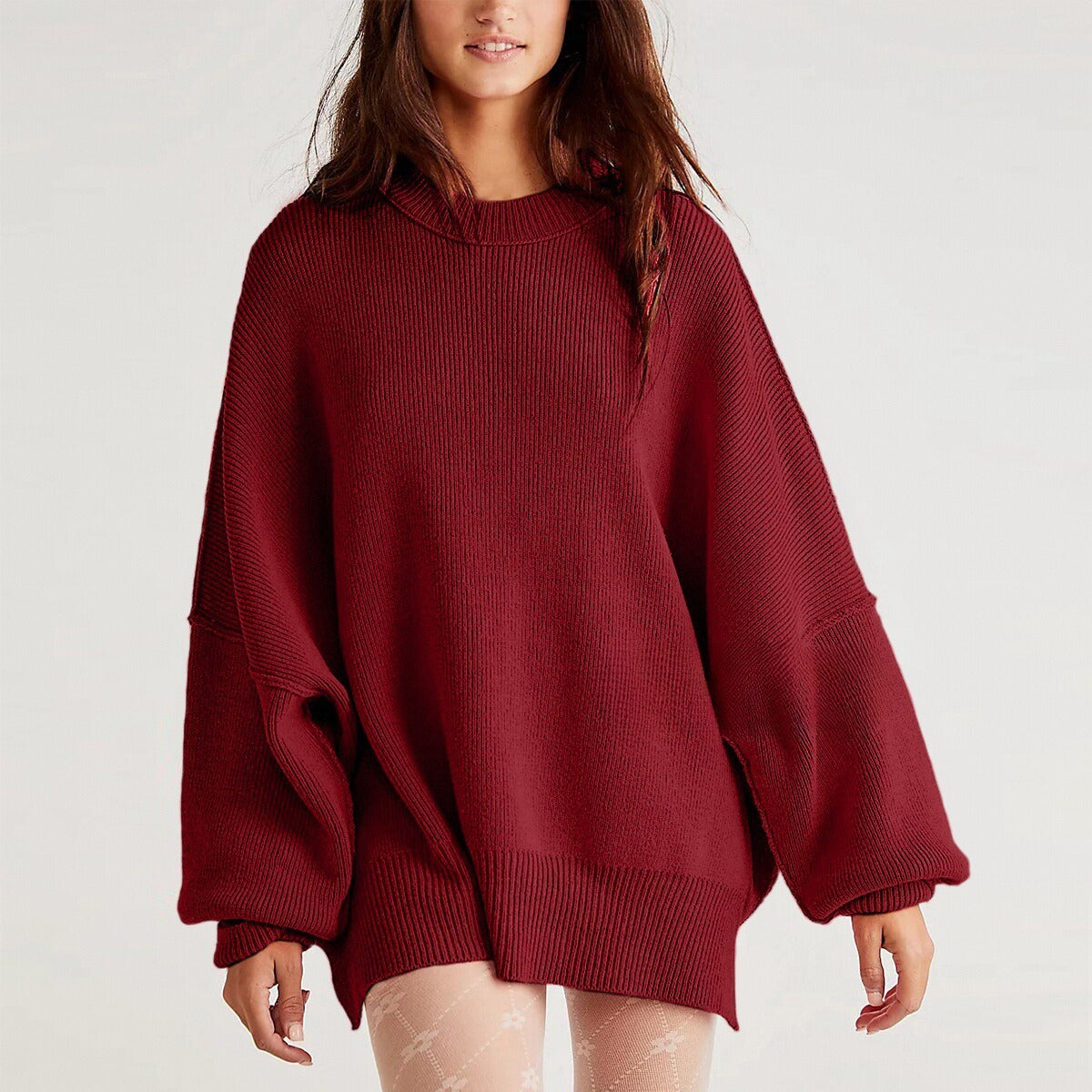 Women’s Pullover Knit Sweater – Oversized Fit – Textured Finish – Side Slits – Crew Neck