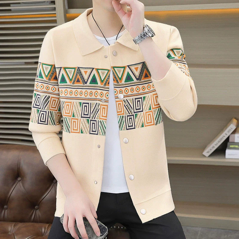 Men’s Knitted Jacket – Slim Fit – Geometric Pattern – Shirt Collar – Button Front