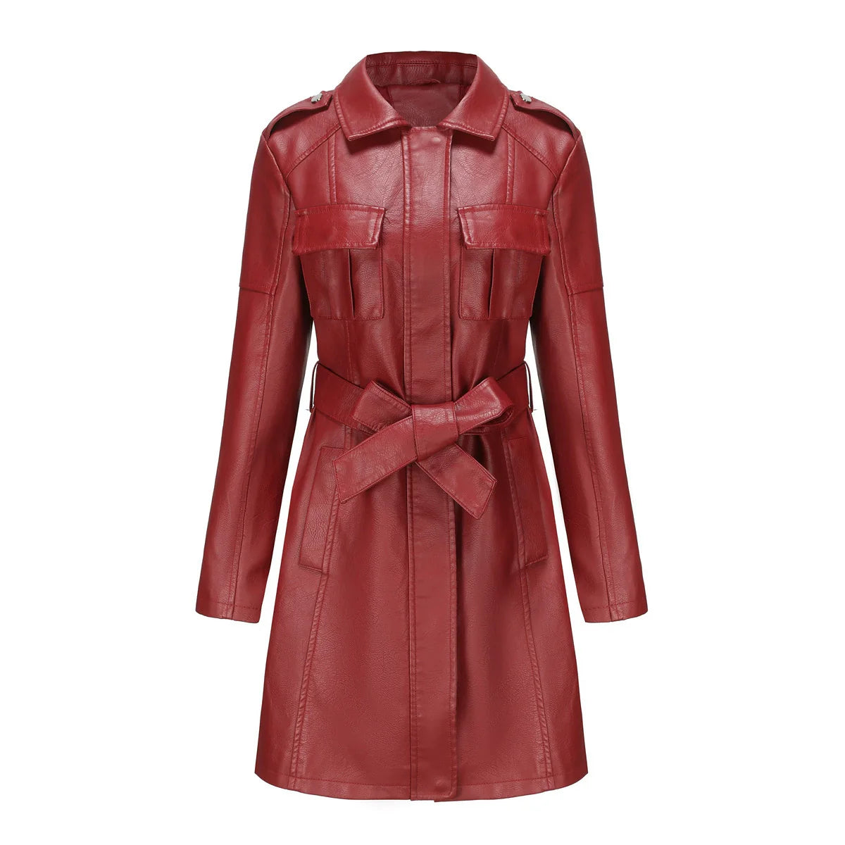 Women’s Medium-Length Coat – Structured Fit – Leather-Like Finish – Zipper & Pockets