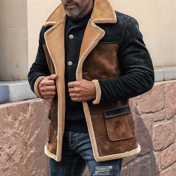 Men’s Casual Jacket – Faux Suede – Shearling Trim – Structured Fit – Notched Lapel