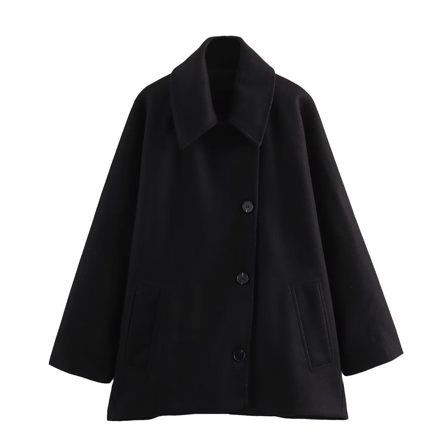 Women’s Wool Jacket – Oversized Fit – Wide Collar – Button Front Medium Length