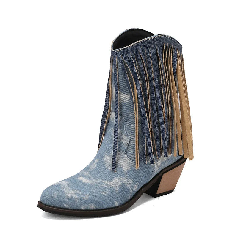 Women’s Ankle Boots – Pointed Toe – Block Heel – Fringe Detail – Slip On – Calf Height
