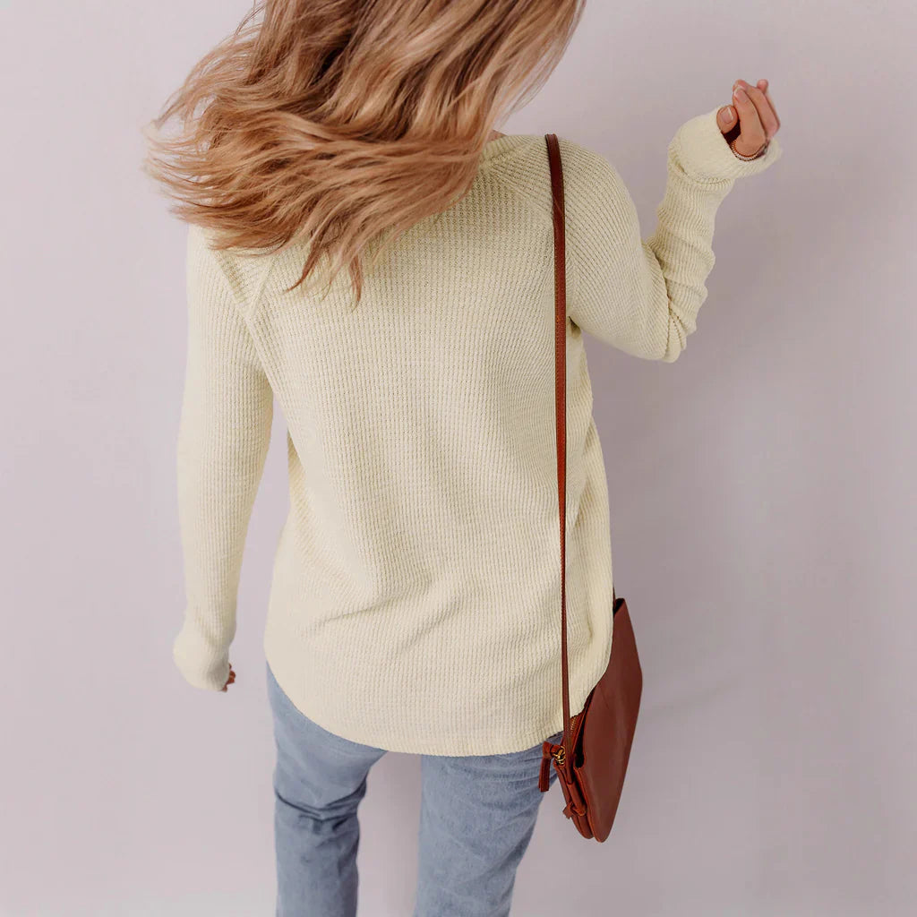Women’s Long-Sleeve Sweater Top – Relaxed Fit – Waffle Knit – Button Front Casual Style