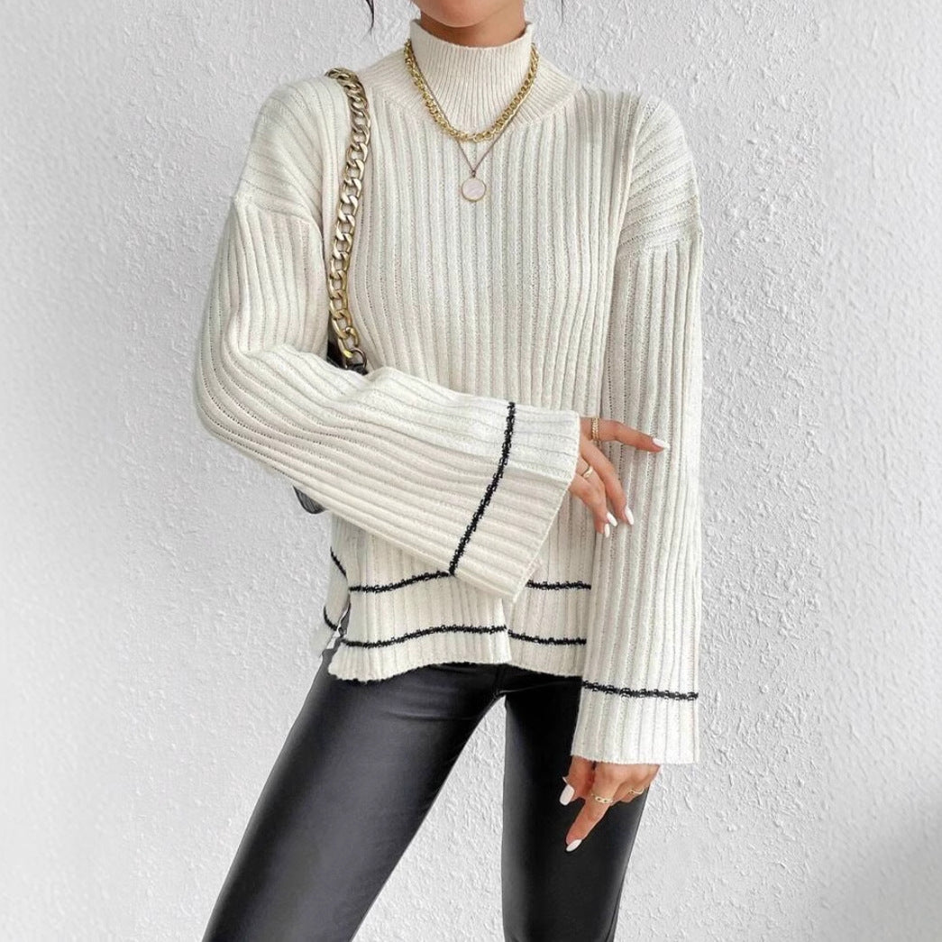 Women’s Knitted Sweater – Oversized Fit – Ribbed Texture – Mock Neck – Long Sleeve