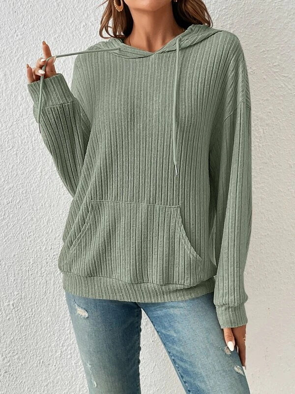Women’s Hooded Sweater – Relaxed Fit – Rib Knit – Kangaroo Pocket – Drawstring Hood