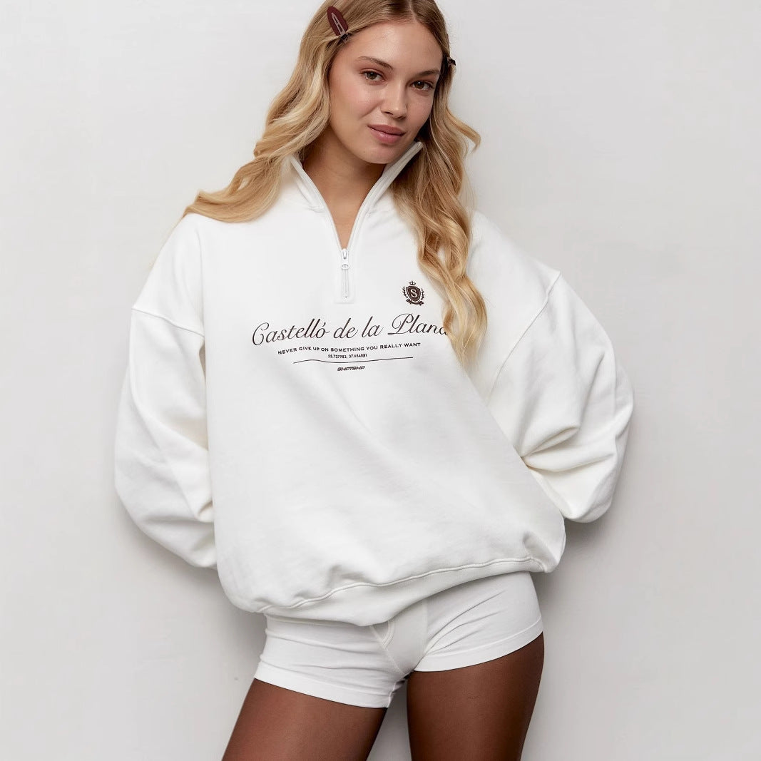 Women’s Pullover Sweatshirt – Oversized Fit – Half Zip – Stand Collar – Vintage Graphic