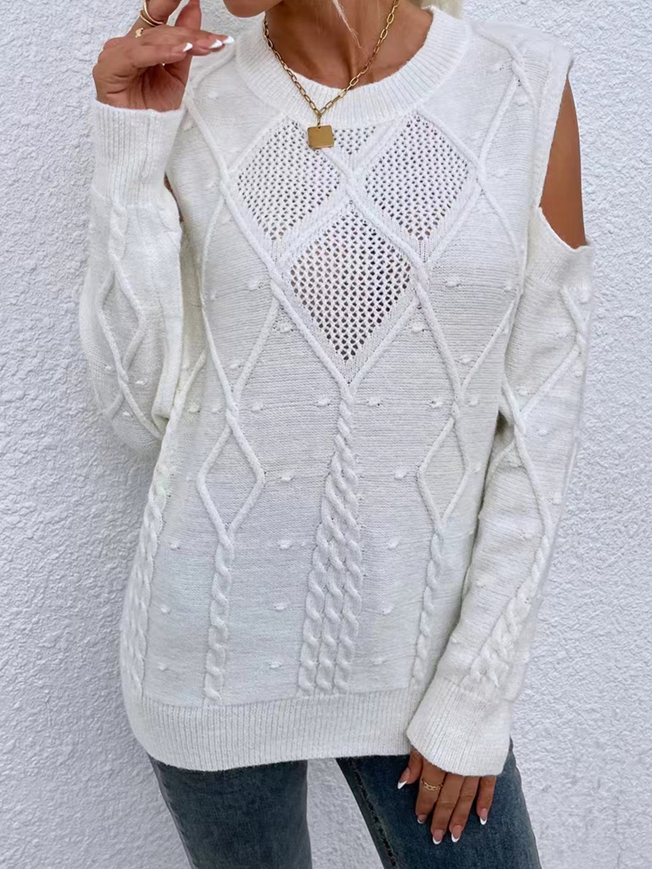 Women’s Knitted Sweater – Loose Fit – Open Shoulder – Cable Knit – Ribbed Cuffs