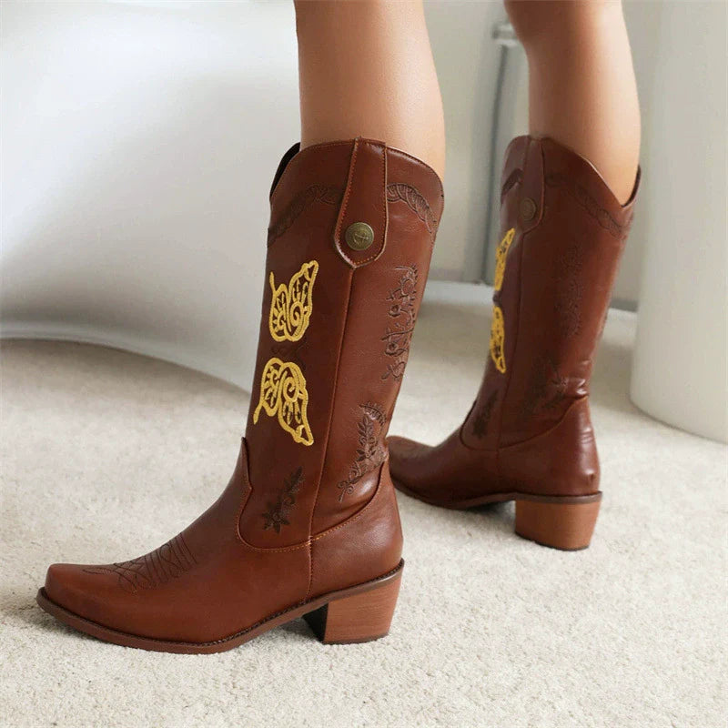 Women’s Western Boots – Mid-Calf Height – Embroidered Floral Detail – Pull-On Style – Block Heel