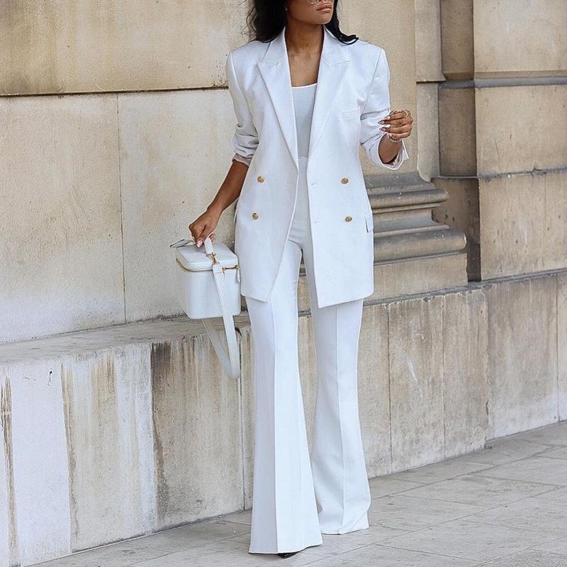 Women’s Blazer Pants Set – Relaxed Fit – Wide-Leg Trousers – Double-Breasted Blazer