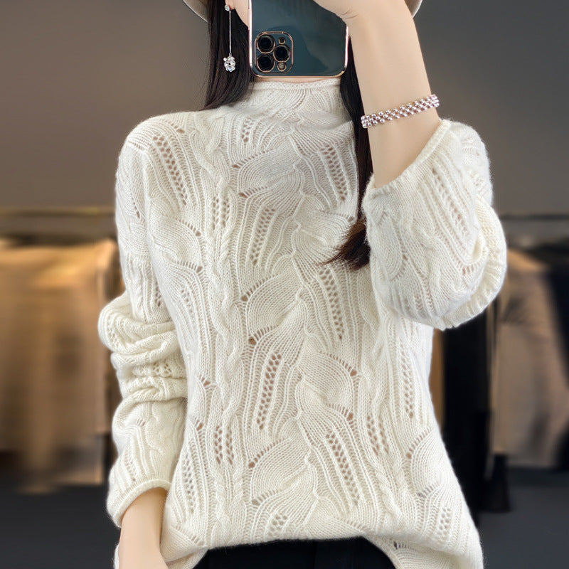 Women’s Sweatshirt – Loose Fit – Soft Knit – Open-Knit Texture – Mock Neck – Hip Length