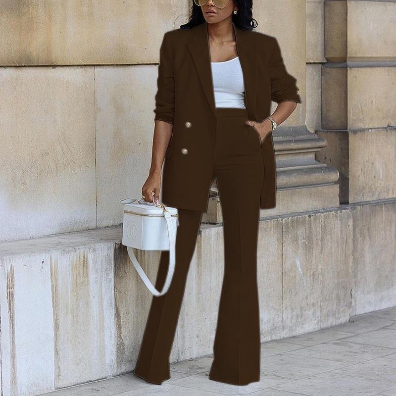 Women’s Blazer Pants Set – Relaxed Fit – Wide-Leg Trousers – Double-Breasted Blazer