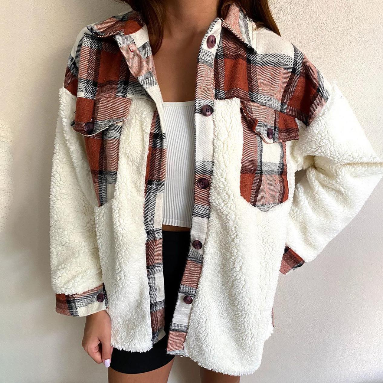 Women’s Shacket Jacket – Oversized Relaxed Fit – Sherpa Fleece – Plaid Wool Blend – Button Front