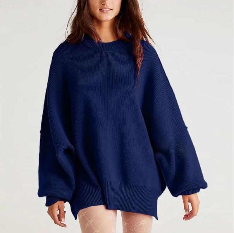 Women’s Pullover Knit Sweater – Oversized Fit – Textured Finish – Side Slits – Crew Neck