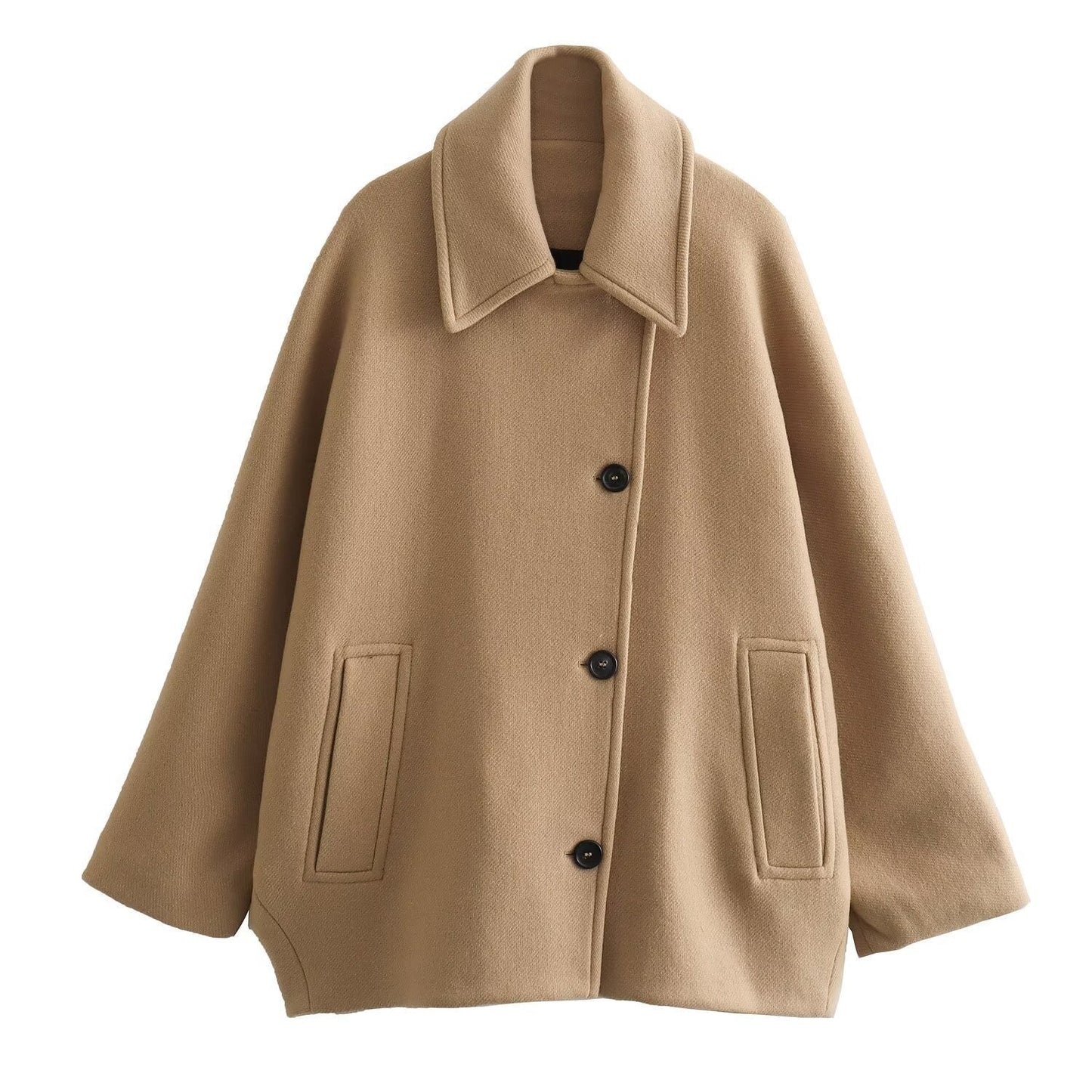 Women’s Wool Jacket – Oversized Fit – Wide Collar – Button Front Medium Length