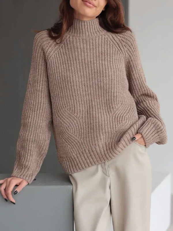 Women’s Knit Sweater – Wool Blend – Loose Fit – Mock Neck – Raglan Sleeve – Ribbed