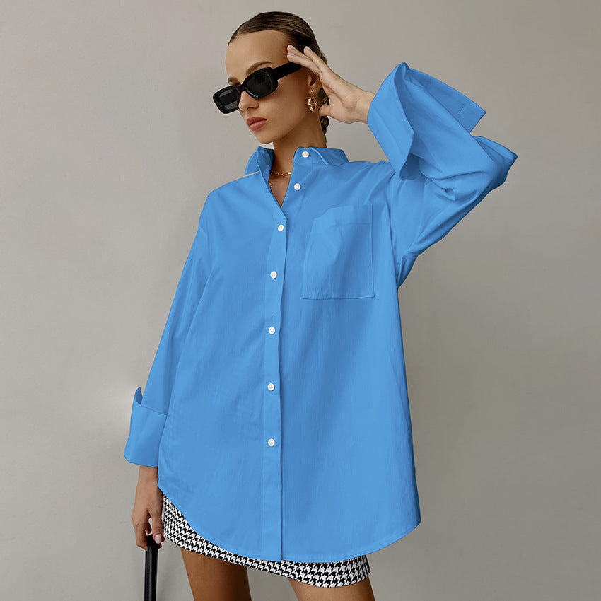 Women’s Button-Up Shirt – Cotton Blend – Oversized Fit – Long Sleeve Casual Top
