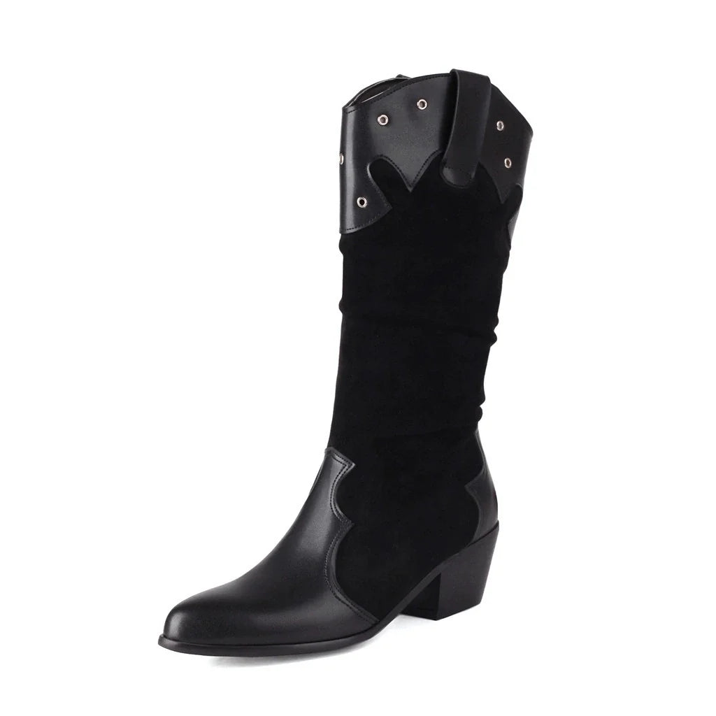 Women’s Mid-Calf Boots – Slouchy Fit – Western Style – Stud Accents – Block Heel