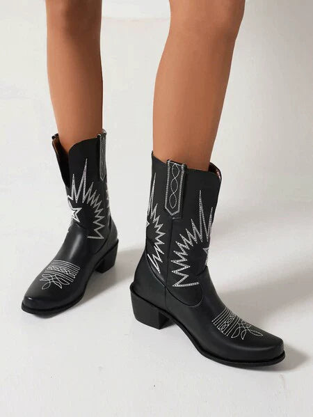 Women’s Western Boots – Leather – Embroidered – Square Toe – Block Heel – Mid-Calf