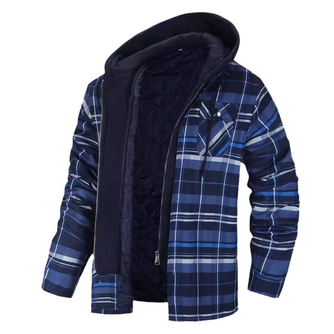 Men’s Jacket – Plaid Pattern – Quilted Sherpa Lining – Hooded – Regular Fit Casual