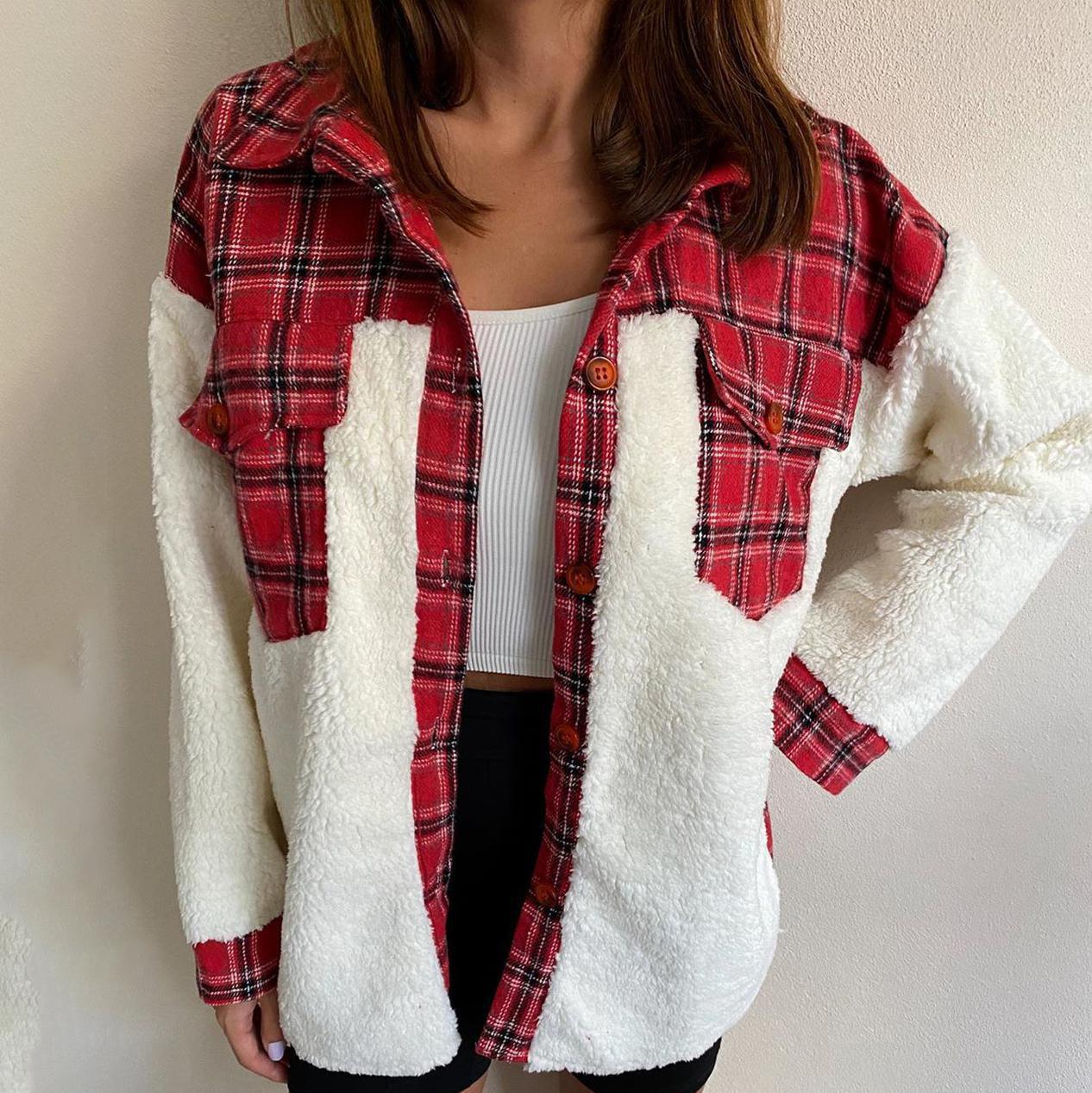 Women’s Shacket Jacket – Oversized Relaxed Fit – Sherpa Fleece – Plaid Wool Blend – Button Front