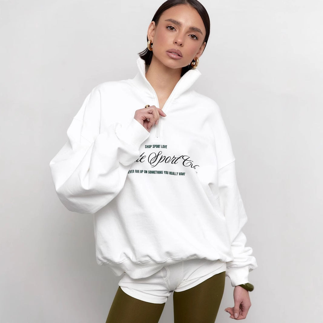 Women’s Sweatshirt – Oversized Fit – Cotton Blend – Half Zip – Graphic Letter Print