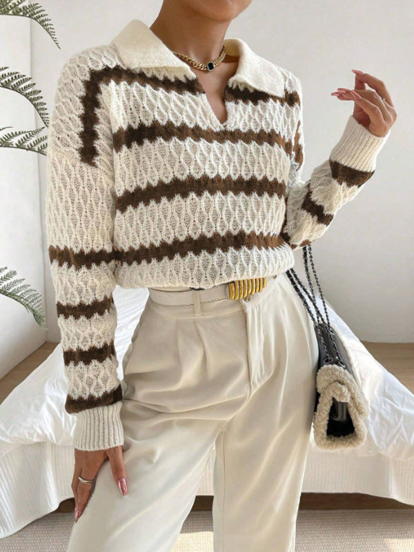 Women’s Pullover Sweater – Relaxed Fit – Knit Striped – Polo Collar – Hip Length