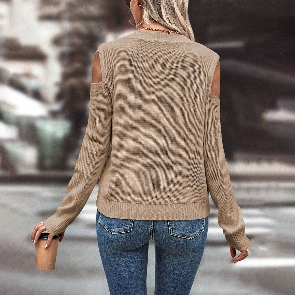Women’s Knitted Sweater – Loose Fit – Open Shoulder – Cable Knit – Ribbed Cuffs