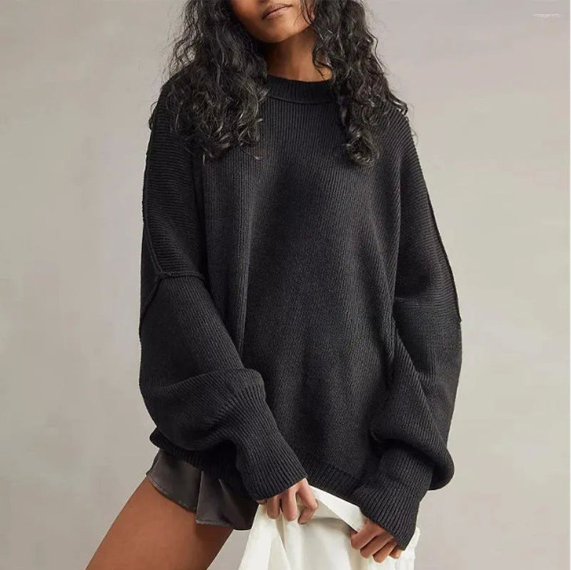 Women’s Pullover Knit Sweater – Oversized Fit – Textured Finish – Side Slits – Crew Neck