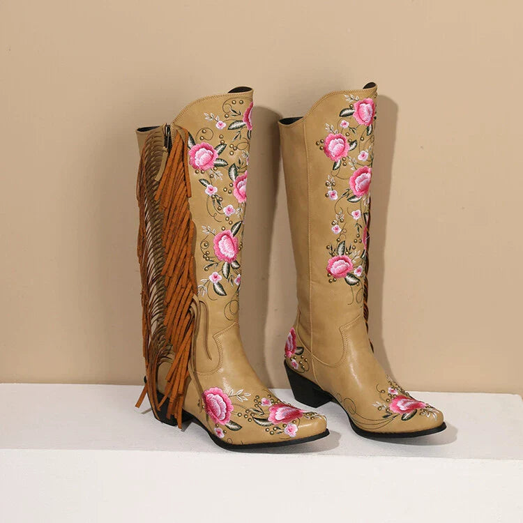 Women’s Knee-High Boots – Floral Embroidery – Fringe Tassels – Block Heel – Studded Trim