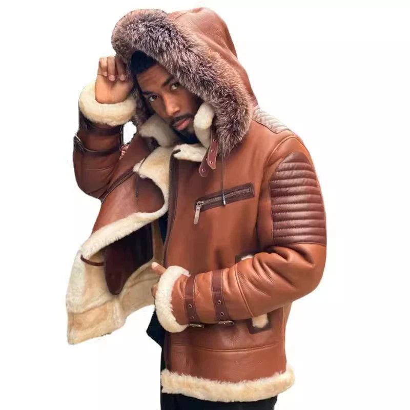 Men’s Mid-Length Coat – Relaxed Fit – Fur-Lined Hood & Cuffs – Quilted Moto Panels