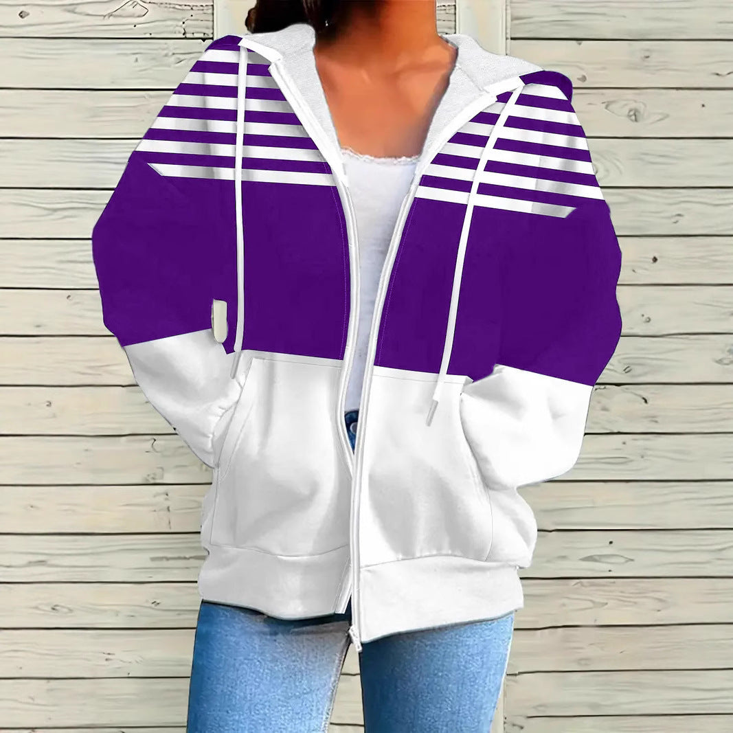 Women’s Hooded Jacket – Loose Fit – Cotton Blend – Full Zip – Striped – Pockets