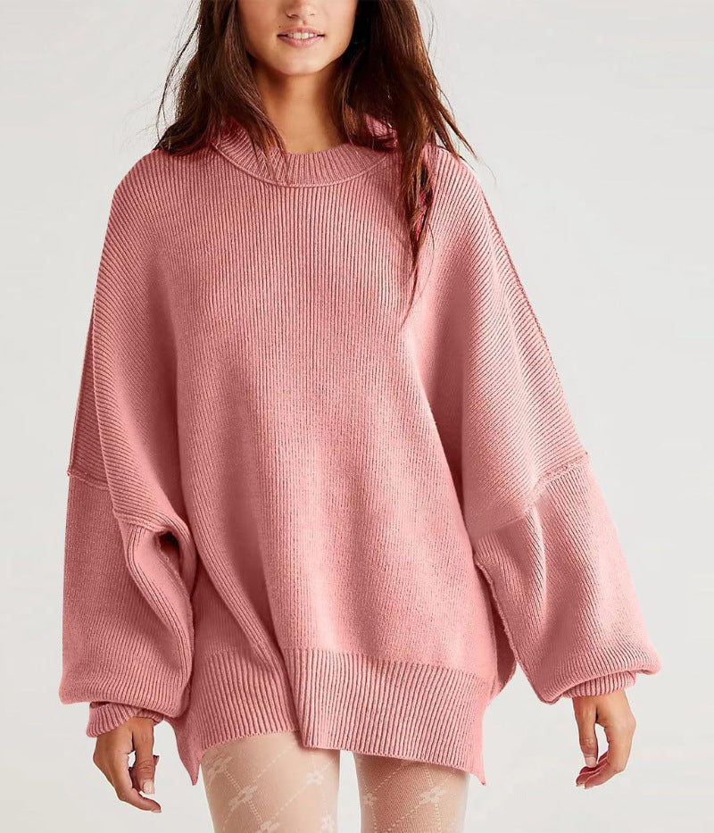 Women’s Pullover Knit Sweater – Oversized Fit – Textured Finish – Side Slits – Crew Neck