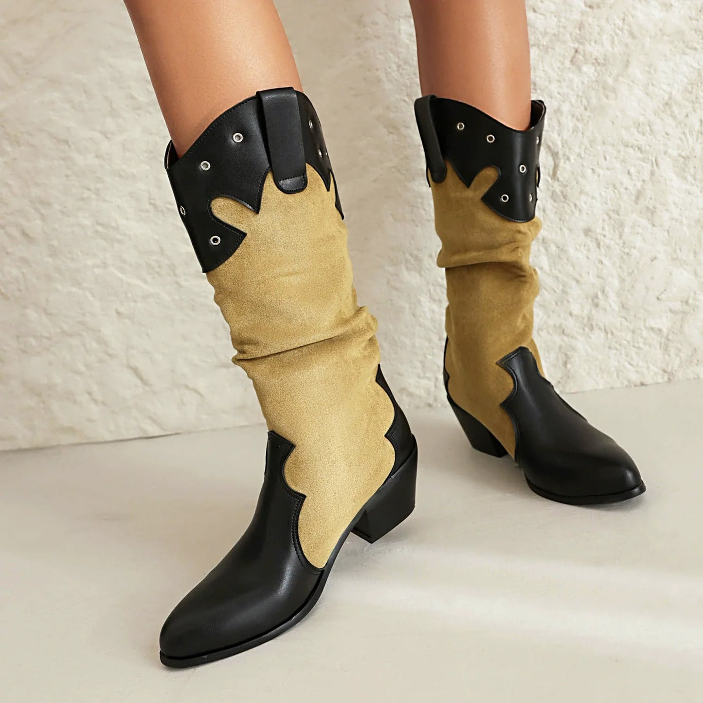 Women’s Mid-Calf Boots – Slouchy Fit – Western Style – Stud Accents – Block Heel