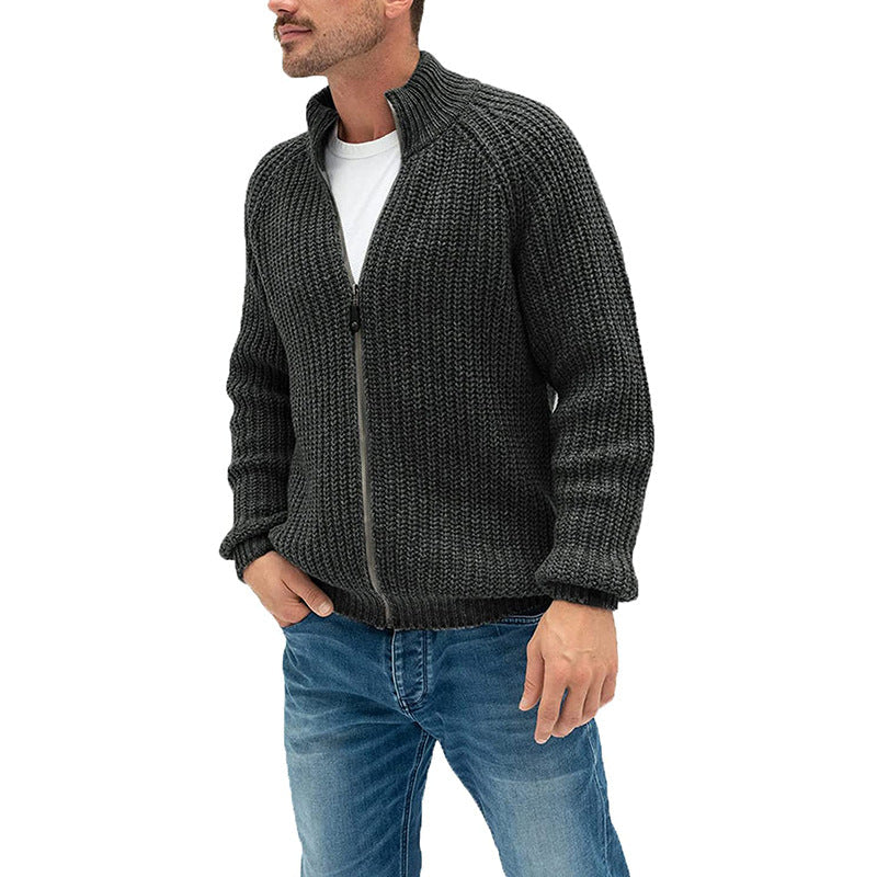 Men’s Cardigan – Chunky Knit Wool – Full-Zip – High Collar – Raglan Sleeve – Regular Fit